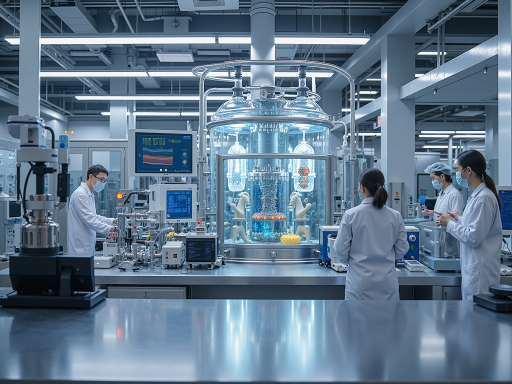 Modern laboratory research facility with scientists working on cooling agent development, white lab coats, scientific equipment, clean environment