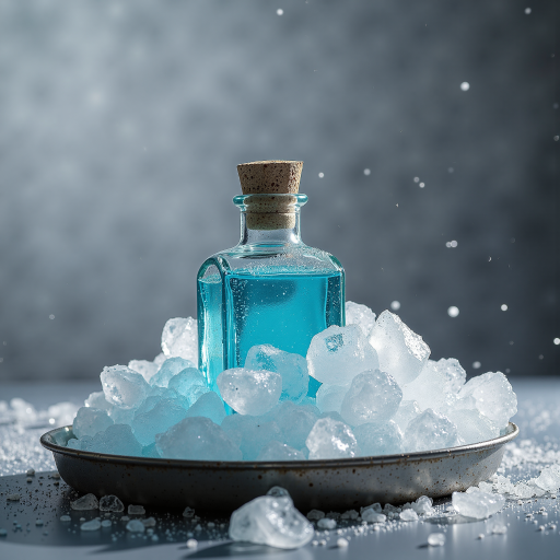 MegaKoolada cooling agent product in transparent bottle with ice blue liquid, showing refreshing effect with cool vapor rising, placed on white background with blue lighting effects
